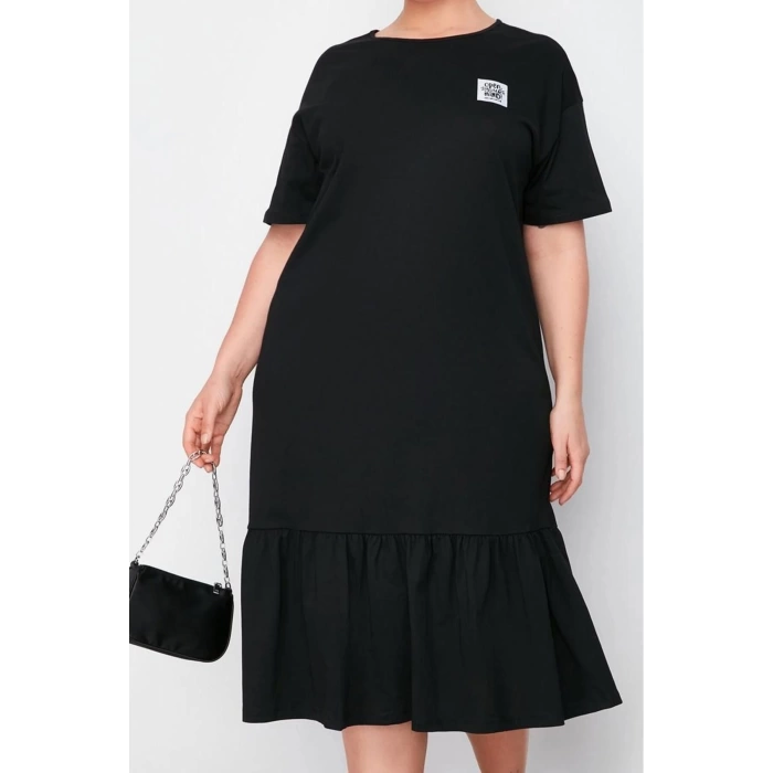 Womens Plus Size Midi Length Relaxed 100% Cotton Knitted T-shirt Dress with Gathering and Label Detail