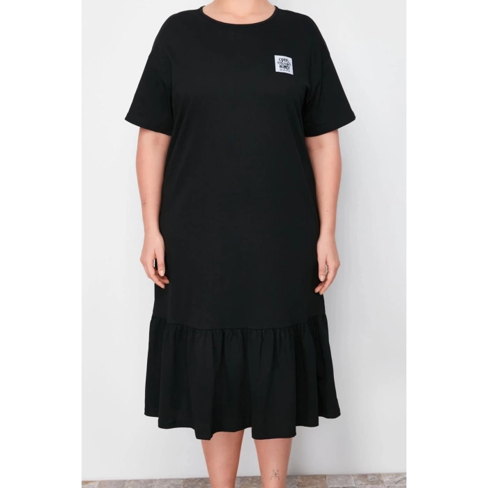 Womens Plus Size Midi Length Relaxed 100% Cotton Knitted T-shirt Dress with Gathering and Label Detail