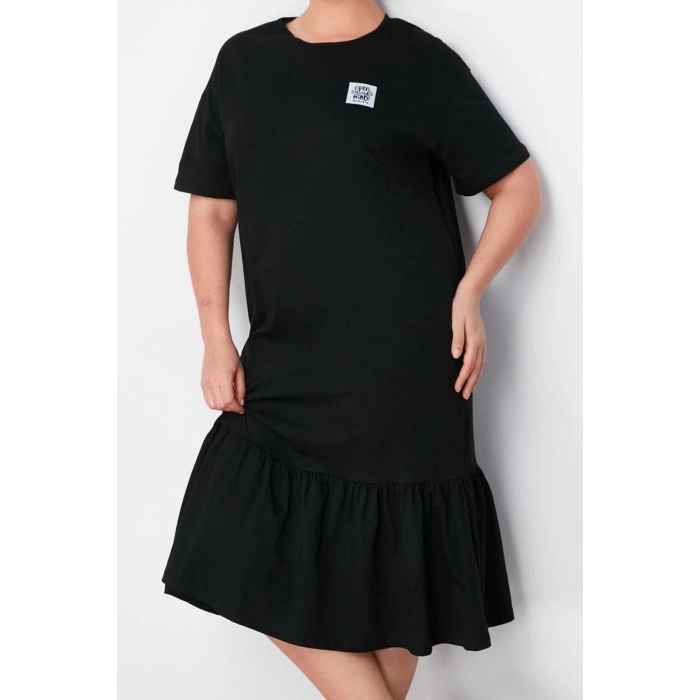 Womens Plus Size Midi Length Relaxed 100% Cotton Knitted T-shirt Dress with Gathering and Label Detail