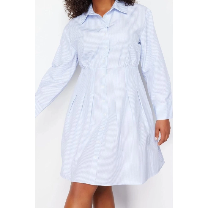 Kadın Moda Şık Büyük Beden Midi Boy Gömlek Yaka Fitted Poplin Dokuma Büyük Beden Elbise
