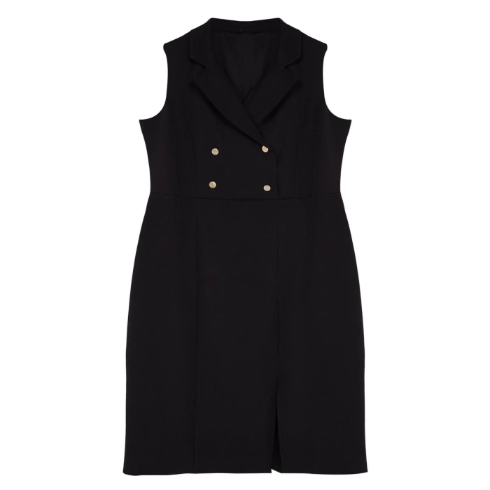 Kadın Büyük Beden Midi Boy Degaje Yaka Oversize Yırtmaçlı Fitted Vücuda Oturan Dokuma Elbise