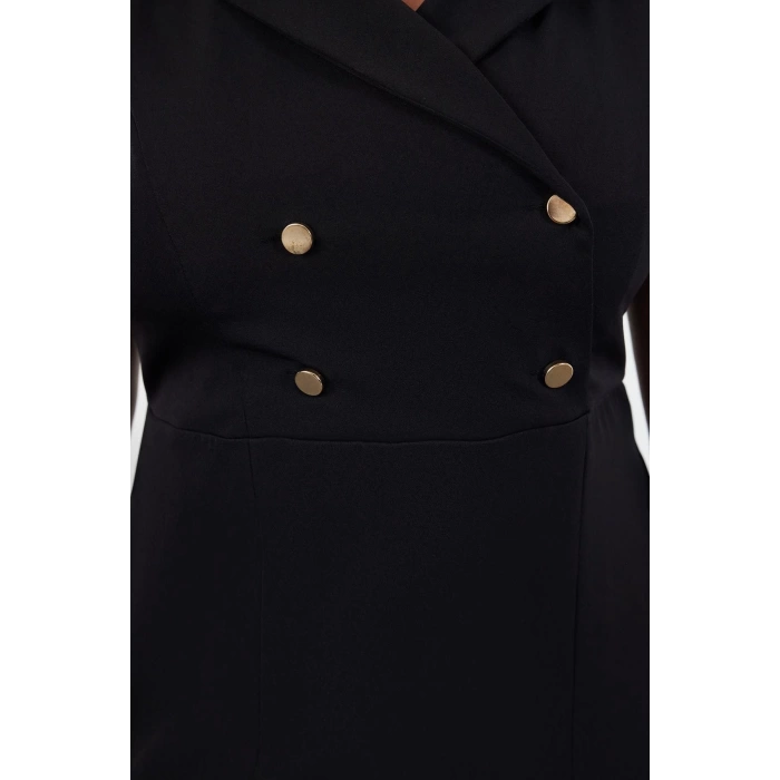 Kadın Büyük Beden Midi Boy Degaje Yaka Oversize Yırtmaçlı Fitted Vücuda Oturan Dokuma Elbise