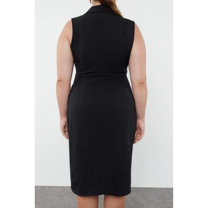 Kadın Büyük Beden Midi Boy Degaje Yaka Oversize Yırtmaçlı Fitted Vücuda Oturan Dokuma Elbise