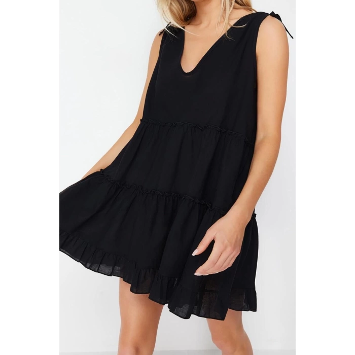 Kadın Moda Şık Mini Boy V Yaka Relaxed Siyah Geniş Kalıp Dokuma Fırfırlı %100 Pamuklu Plaj Elbisesi