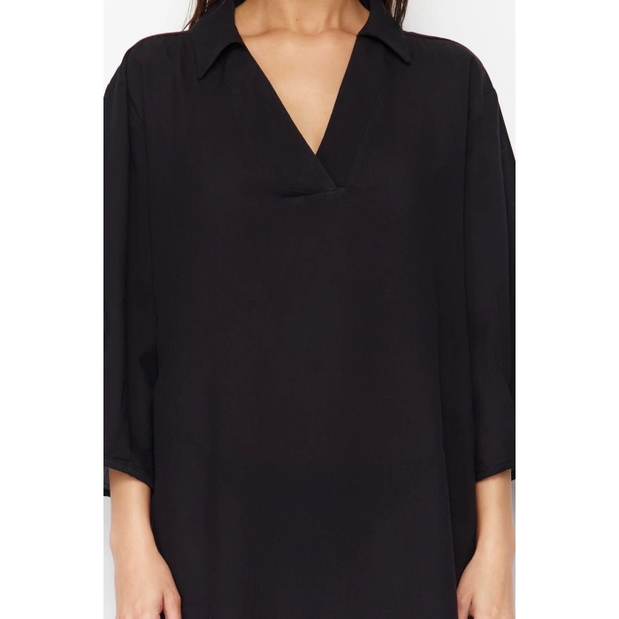 Women Fashion Stylish Maxi Length V Neck Regular Black Wide Pattern Woven Beach Dress