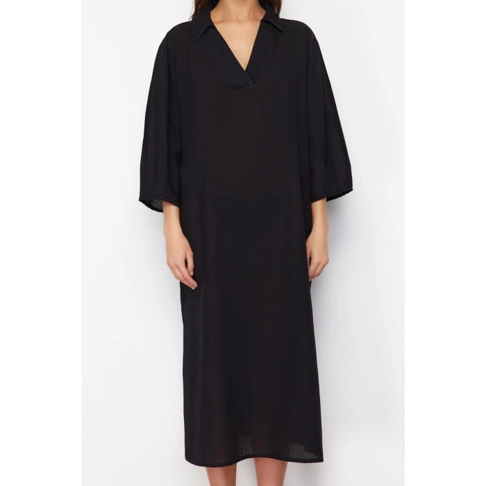 Women Fashion Stylish Maxi Length V Neck Regular Black Wide Pattern Woven Beach Dress