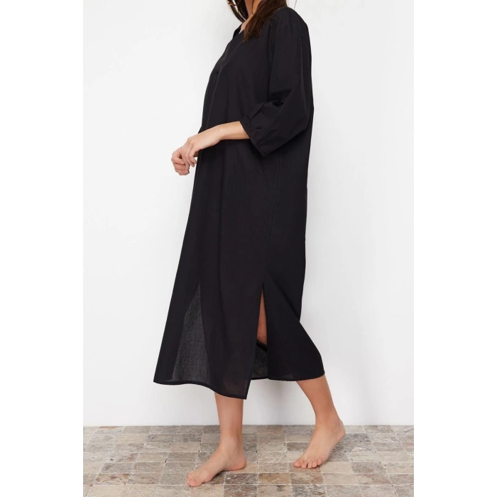 Women Fashion Stylish Maxi Length V Neck Regular Black Wide Pattern Woven Beach Dress