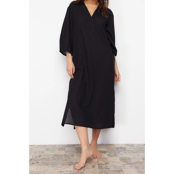 Women Fashion Stylish Maxi Length V Neck Regular Black Wide Pattern Woven Beach Dress