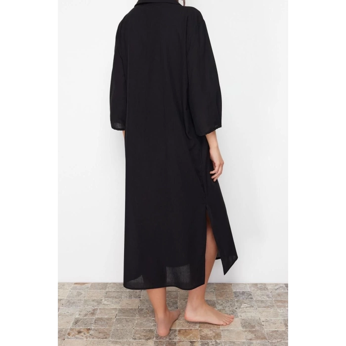 Women Fashion Stylish Maxi Length V Neck Regular Black Wide Pattern Woven Beach Dress