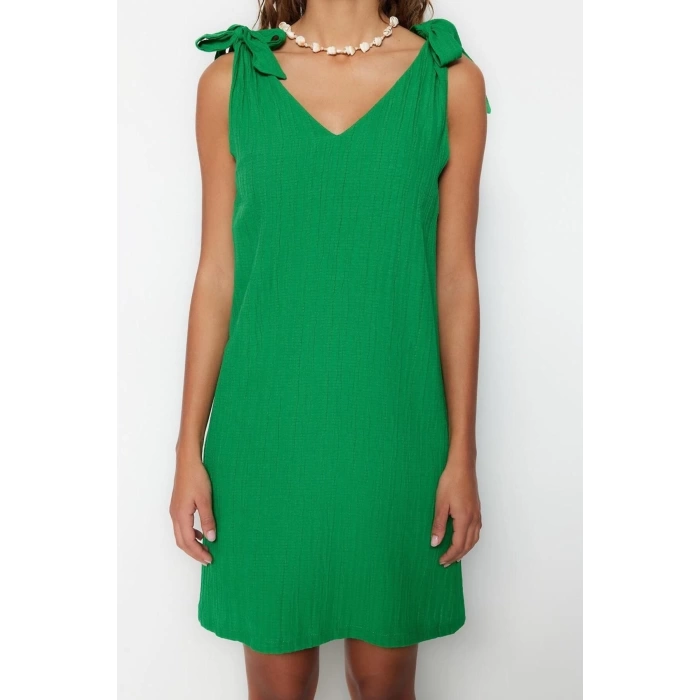 Women Fashion Stylish Mini Length V Neck Relaxed Woven Tie Beach Dress