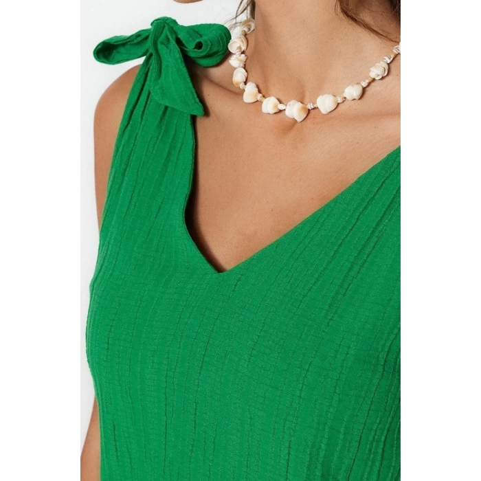 Women Fashion Stylish Mini Length V Neck Relaxed Woven Tie Beach Dress
