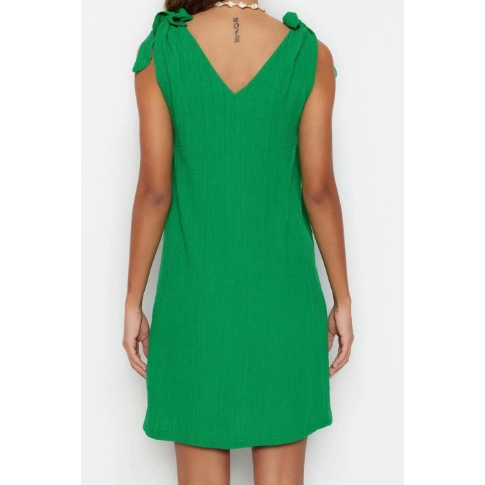 Women Fashion Stylish Mini Length V Neck Relaxed Woven Tie Beach Dress