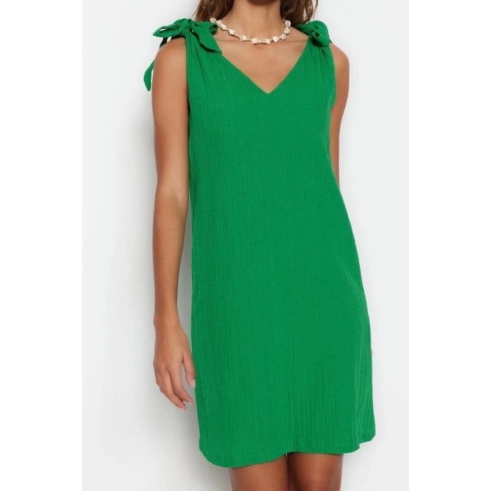 Women Fashion Stylish Mini Length V Neck Relaxed Woven Tie Beach Dress