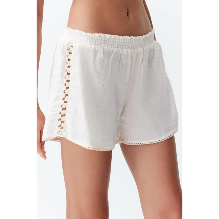 Women Fashion Stylish Regular Short Length Long Sleeve Ecru Woven Muslin 100% Cotton Shirt Shorts Set