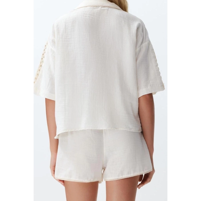 Women Fashion Stylish Regular Short Length Long Sleeve Ecru Woven Muslin 100% Cotton Shirt Shorts Set