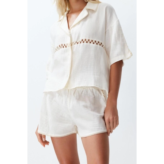 Women Fashion Stylish Regular Short Length Long Sleeve Ecru Woven Muslin 100% Cotton Shirt Shorts Set