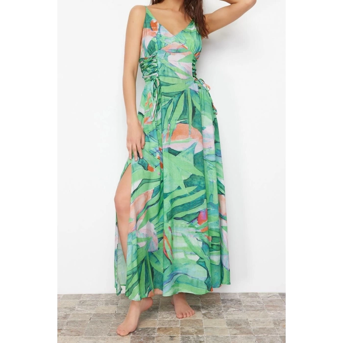 Kadın Moda Şık Maxi Boy V Yaka Relaxed Çiçek Desenli Dokuma Plaj Elbisesi