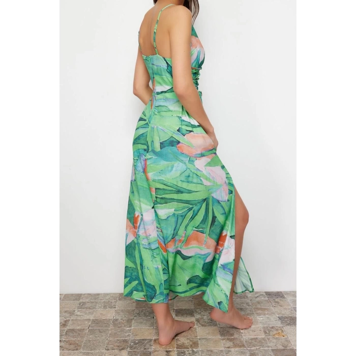 Kadın Moda Şık Maxi Boy V Yaka Relaxed Çiçek Desenli Dokuma Plaj Elbisesi