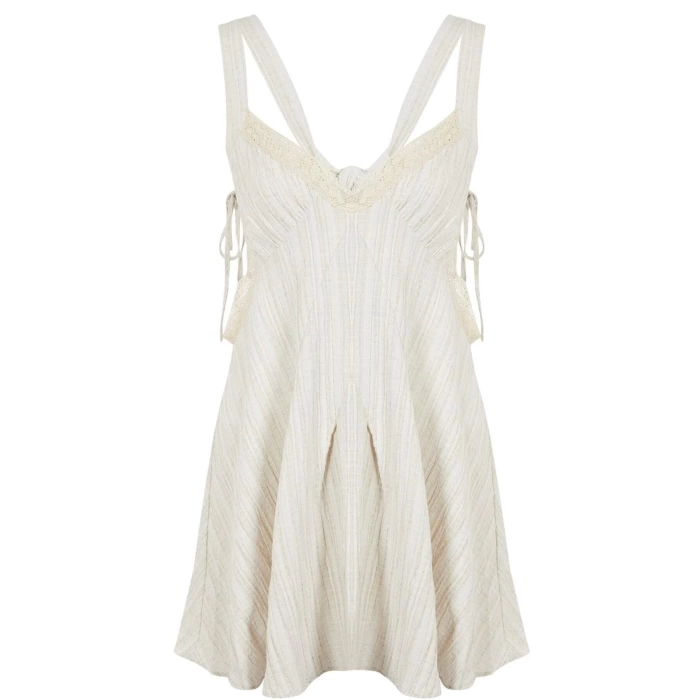 Kadın Moda Şık Midi Boy V Yaka Regular Ekru Dokuma Cut out Pencere Plaj Elbisesi