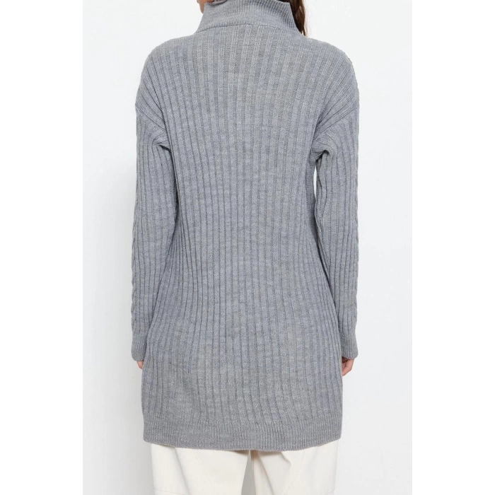 Women Fashion Stylish Hijab Half Turtleneck Low Sleeve Regular Selanik Knitted Zippered Knitwear Sweater