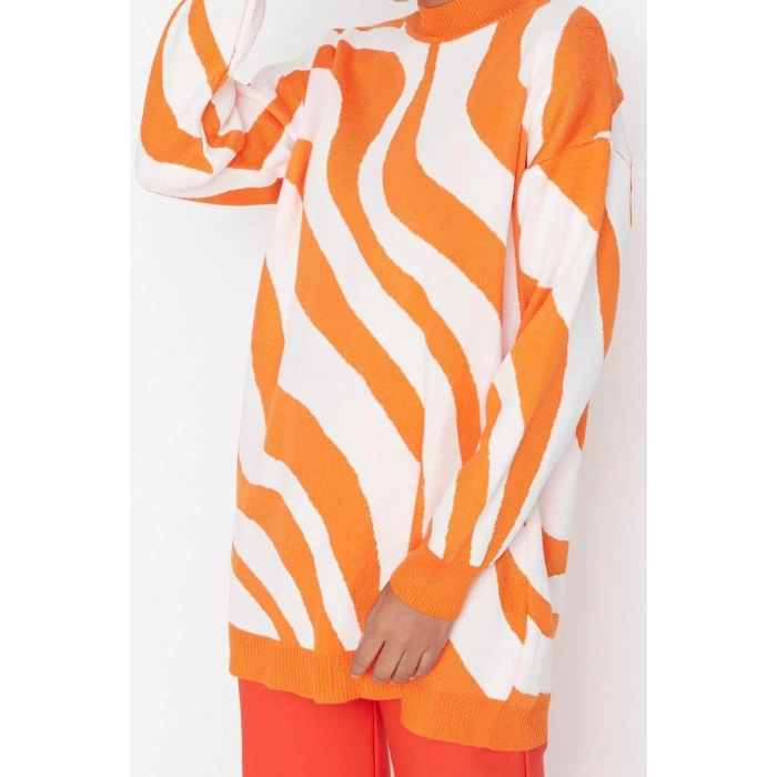 Women Fashion Stylish Hijab Stand Collar Low Sleeve Midi Striped Patterned Half Turtleneck Knitwear Sweater