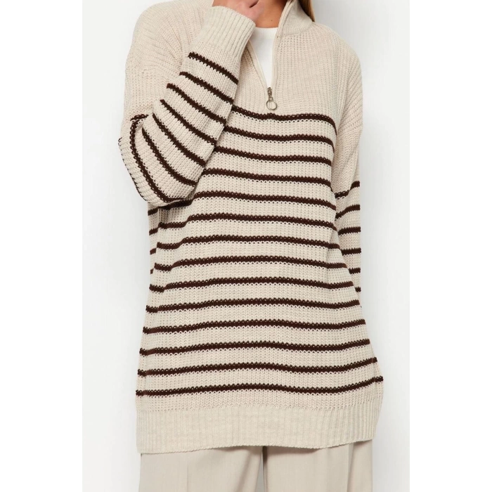 Women Fashion Stylish Hijab Half Turtleneck Low Sleeve Midi Striped Zipper Detail Knitwear Sweater