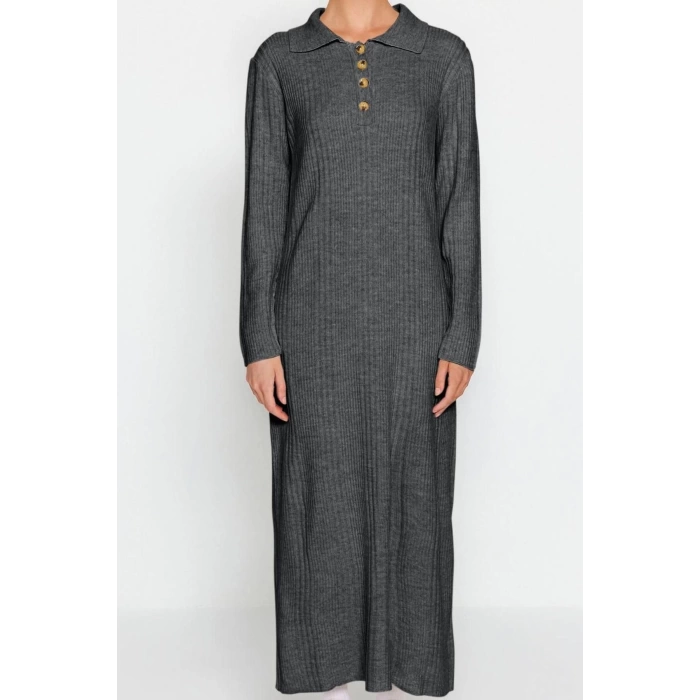 Kadın Moda Şık Tesettür Maxi Boy Polo Yaka Regular Rahat Kalıp Ribana Triko Elbise