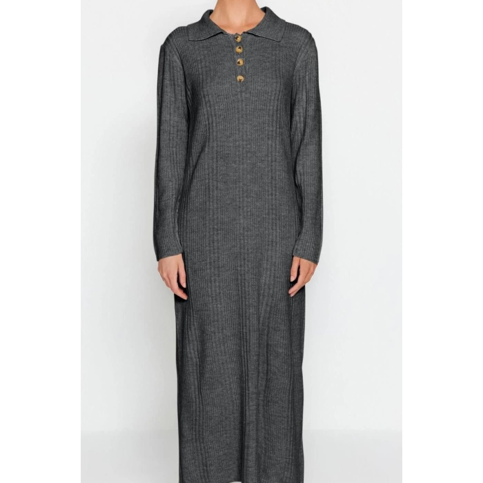 Kadın Moda Şık Tesettür Maxi Boy Polo Yaka Regular Rahat Kalıp Ribana Triko Elbise