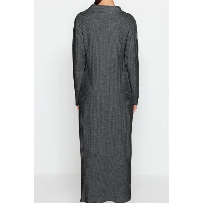 Kadın Moda Şık Tesettür Maxi Boy Polo Yaka Regular Rahat Kalıp Ribana Triko Elbise