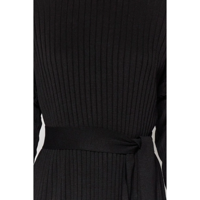 Kadın Moda Şık Tesettür Maxi Boy Dik Yaka Regular Fırfır Detaylı Ribana Örme Elbise