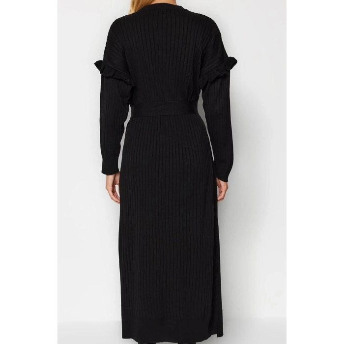 Kadın Moda Şık Tesettür Maxi Boy Dik Yaka Regular Fırfır Detaylı Ribana Örme Elbise