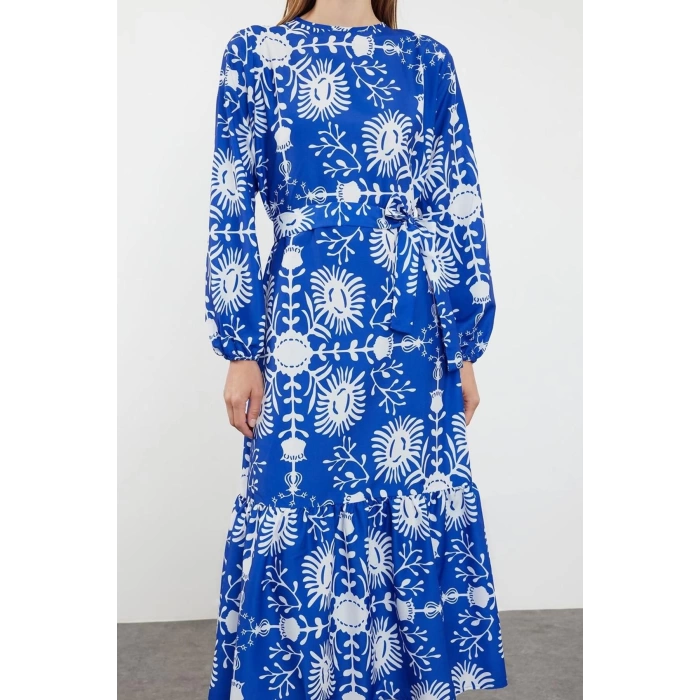 Women Fashion Stylish Hijab Maxi Length Crew Neck Regular Belted Floral Woven Dress