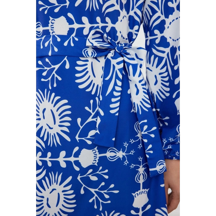 Women Fashion Stylish Hijab Maxi Length Crew Neck Regular Belted Floral Woven Dress