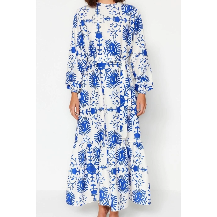 Women Fashion Stylish Hijab Maxi Length Crew Neck Regular Belted Floral Woven Dress