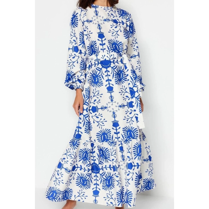 Women Fashion Stylish Hijab Maxi Length Crew Neck Regular Belted Floral Woven Dress