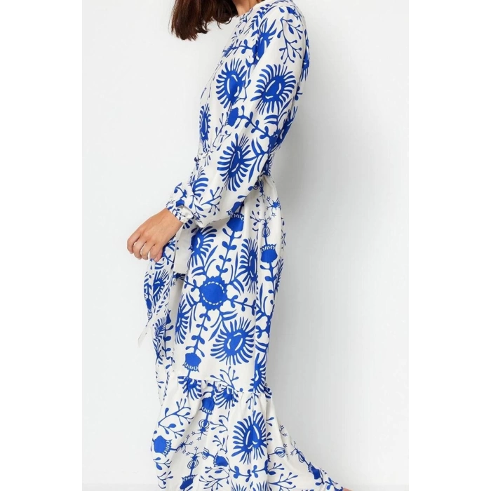 Women Fashion Stylish Hijab Maxi Length Crew Neck Regular Belted Floral Woven Dress