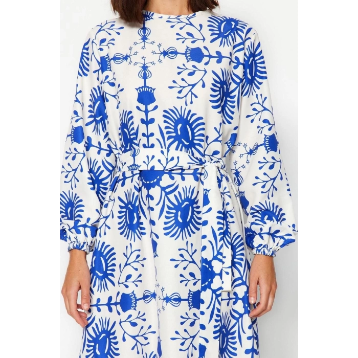 Women Fashion Stylish Hijab Maxi Length Crew Neck Regular Belted Floral Woven Dress