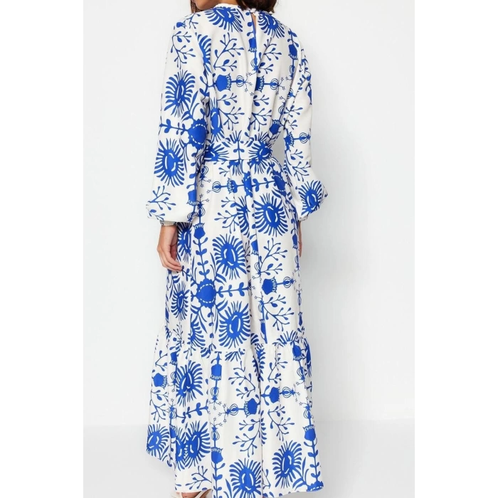 Women Fashion Stylish Hijab Maxi Length Crew Neck Regular Belted Floral Woven Dress