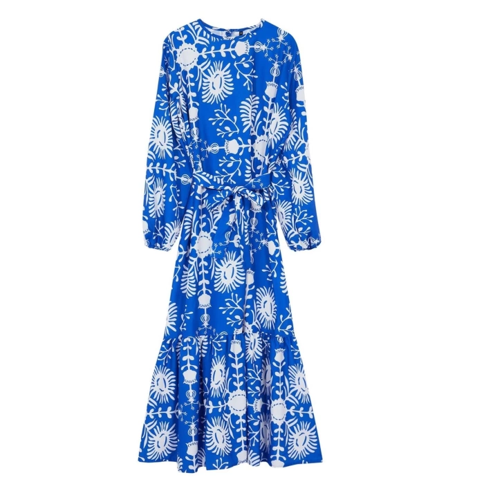 Women Fashion Stylish Hijab Maxi Length Crew Neck Regular Belted Floral Woven Dress