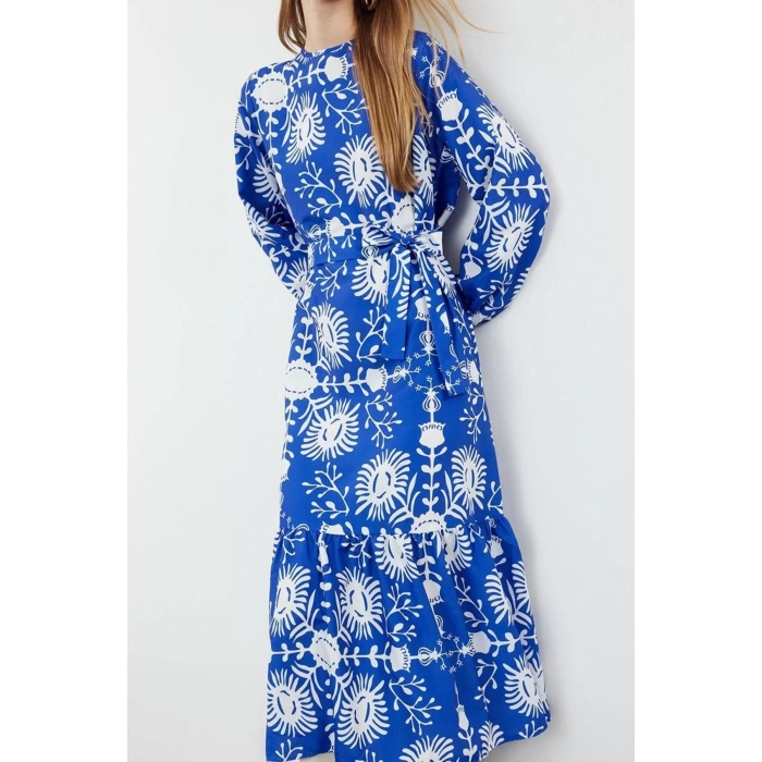 Women Fashion Stylish Hijab Maxi Length Crew Neck Regular Belted Floral Woven Dress
