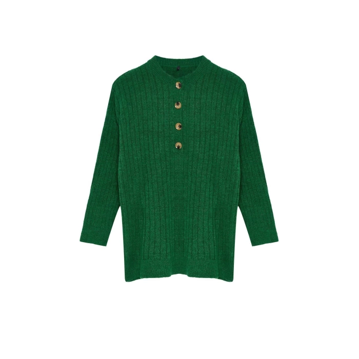 Women Fashion Stylish Hijab Buttoned Collar Low Sleeve Regular Selanik Knitted Buttoned Soft Knitwear Sweater