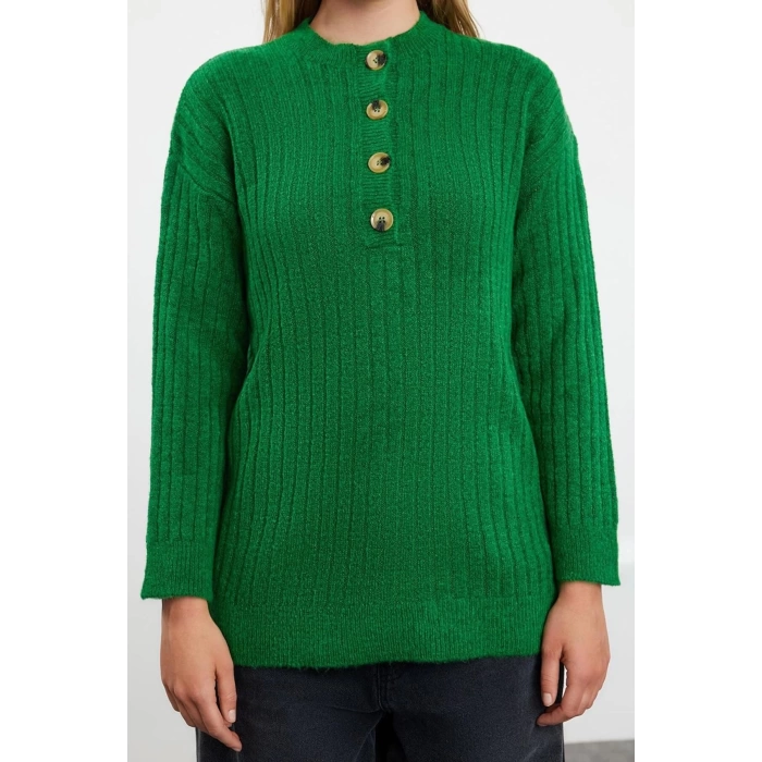Women Fashion Stylish Hijab Buttoned Collar Low Sleeve Regular Selanik Knitted Buttoned Soft Knitwear Sweater