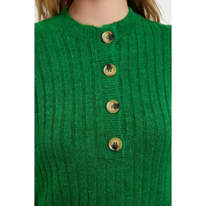 Women Fashion Stylish Hijab Buttoned Collar Low Sleeve Regular Selanik Knitted Buttoned Soft Knitwear Sweater
