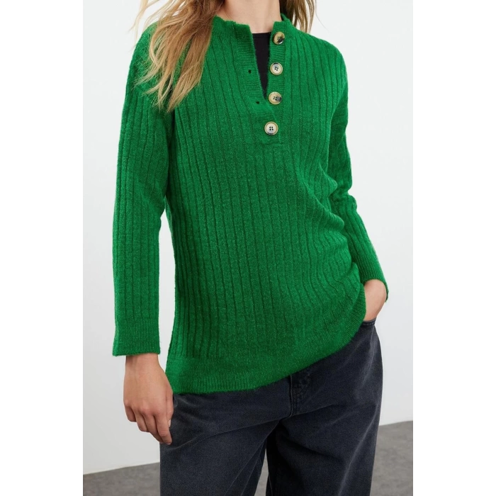 Women Fashion Stylish Hijab Buttoned Collar Low Sleeve Regular Selanik Knitted Buttoned Soft Knitwear Sweater