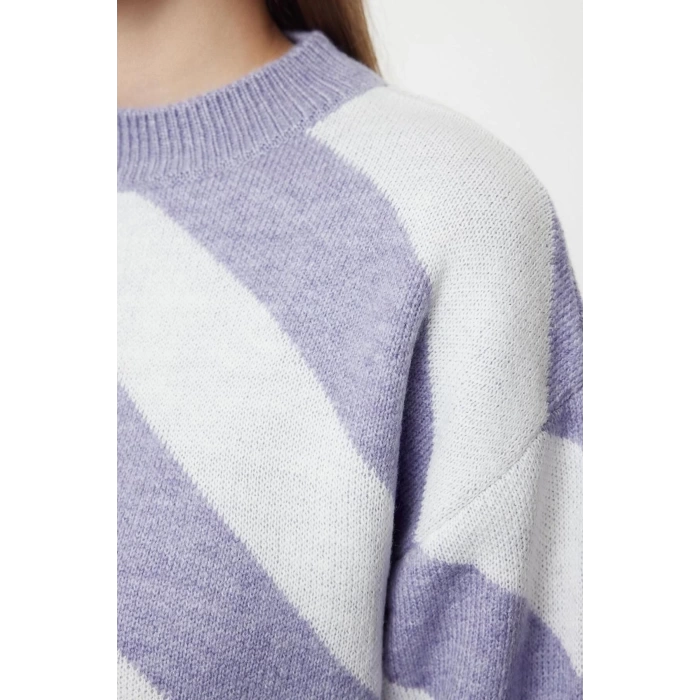 Women Fashion Stylish Hijab Crew Neck Low Sleeve Long Striped Knitwear Sweater