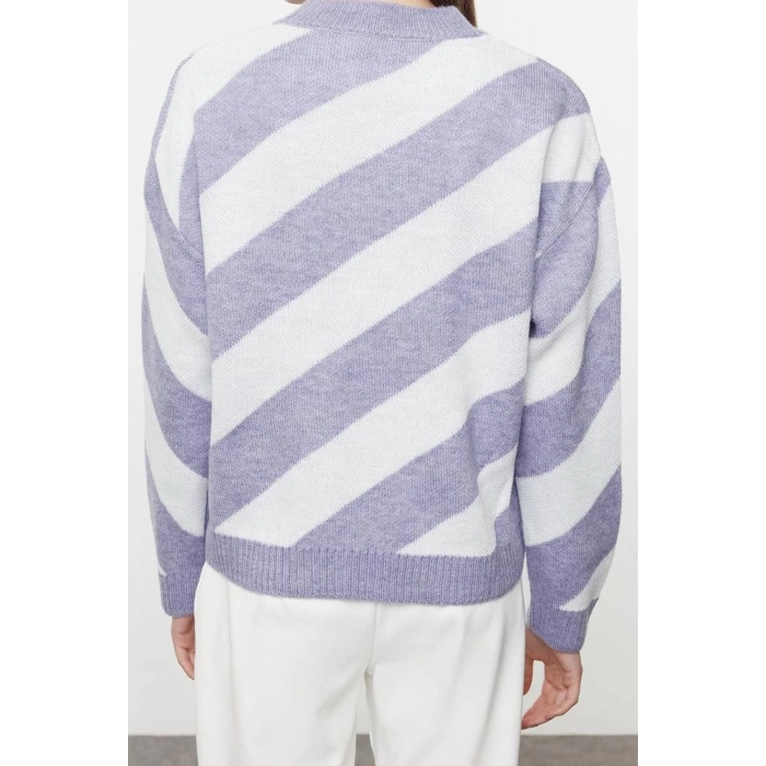 Women Fashion Stylish Hijab Crew Neck Low Sleeve Long Striped Knitwear Sweater