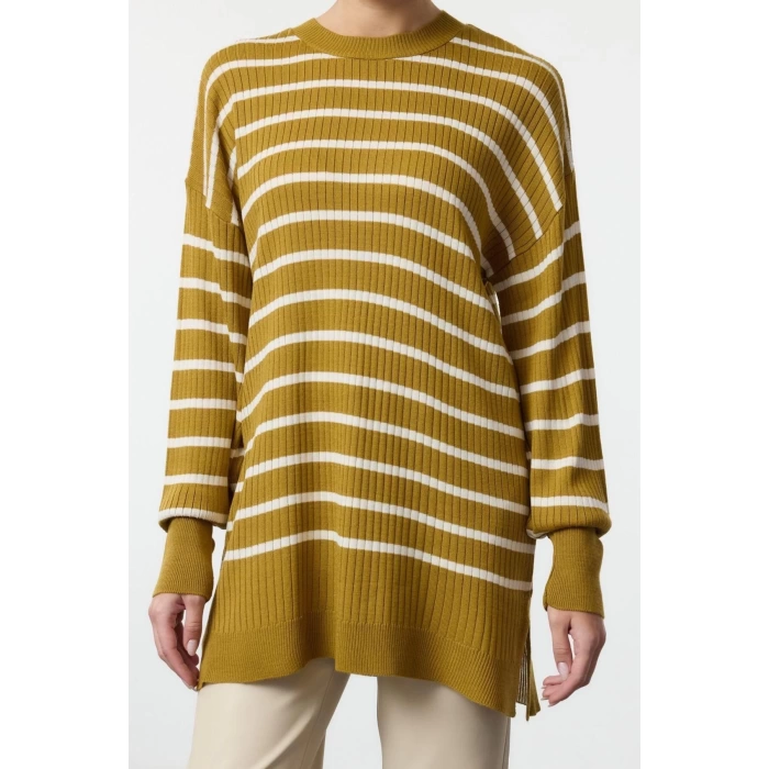 Women Fashion Stylish Hijab Stand Collar Low Sleeve Striped Single Plate Knitwear Sweater