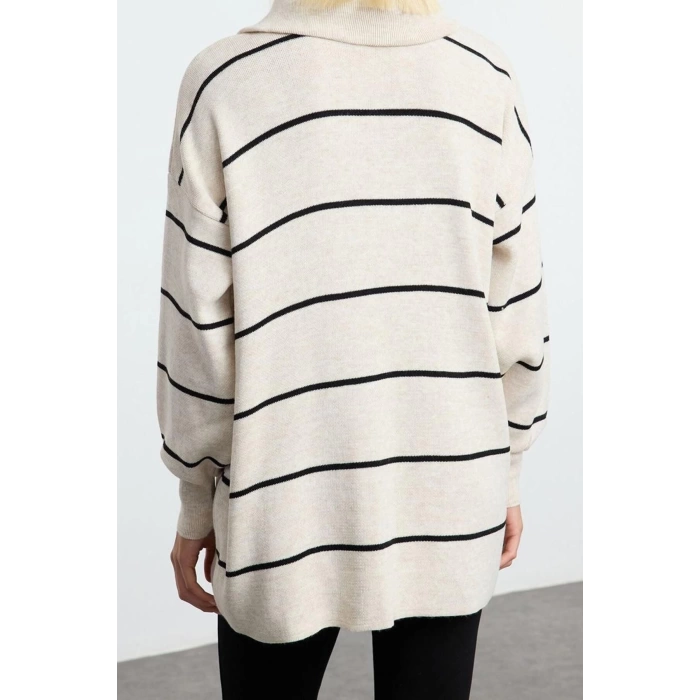 Women Fashion Stylish Hijab Stand Collar Low Sleeve Long Striped Turn-down Collar Zipper Detailed Knitwear Sweater