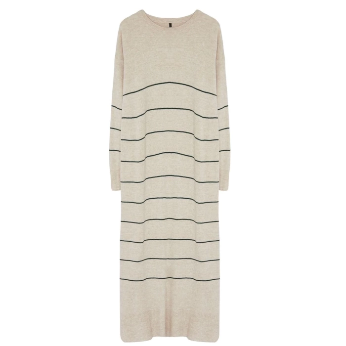 Women Fashion Stylish Hijab Maxi Length Crew Neck Relaxed Stone Striped Long Knit Dress