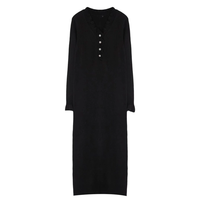 Women Fashion Stylish Hijab Maxi Length V Neck Relaxed Pearl Detailed Soft Texture Knit Dress
